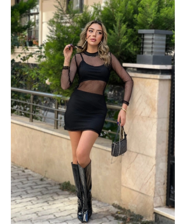 Kadın Uzun Kollu Bisiklet Yaka File Alt üst Dalgıç üçlü Takım