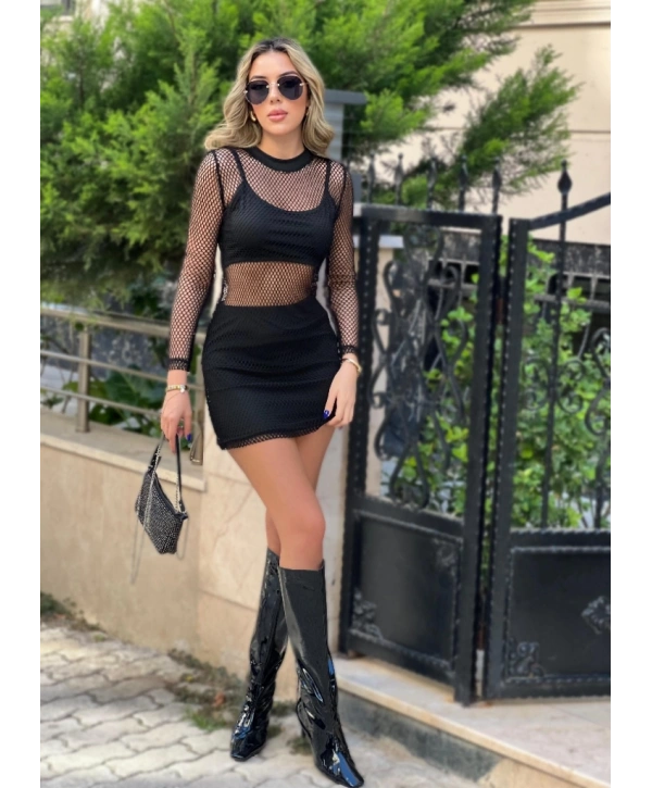 Kadın Uzun Kollu Bisiklet Yaka File Alt üst Dalgıç üçlü Takım