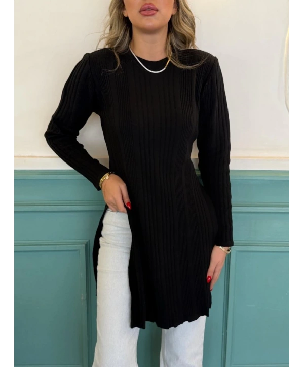 Kadın Uzun Kollu Bisiklet Yaka Iki Yandan Yırtmaç Detay Triko Bluz