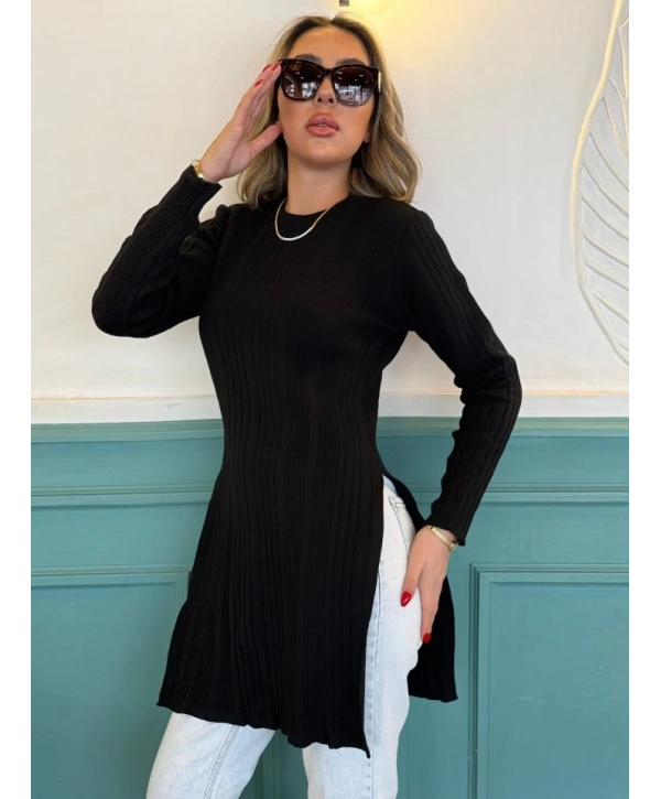 Kadın Uzun Kollu Bisiklet Yaka Iki Yandan Yırtmaç Detay Triko Bluz