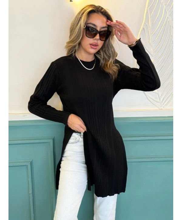 Kadın Uzun Kollu Bisiklet Yaka Iki Yandan Yırtmaç Detay Triko Bluz