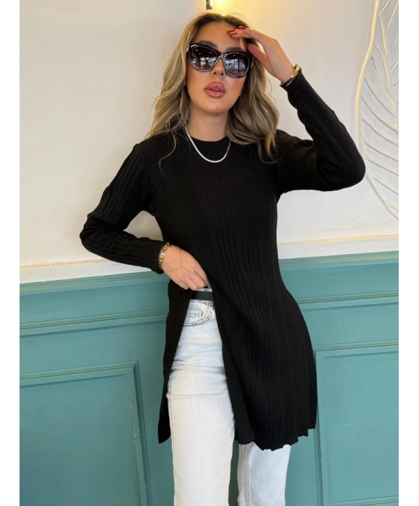 Kadın Uzun Kollu Bisiklet Yaka Iki Yandan Yırtmaç Detay Triko Bluz