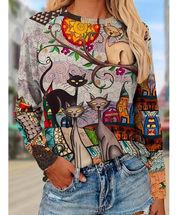 Kadın Uzun Kollu Bisiklet Yaka Kedi Baskılı Süprem Bluz