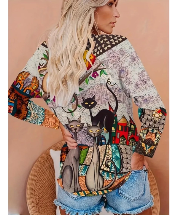 Kadın Uzun Kollu Bisiklet Yaka Kedi Baskılı Süprem Bluz