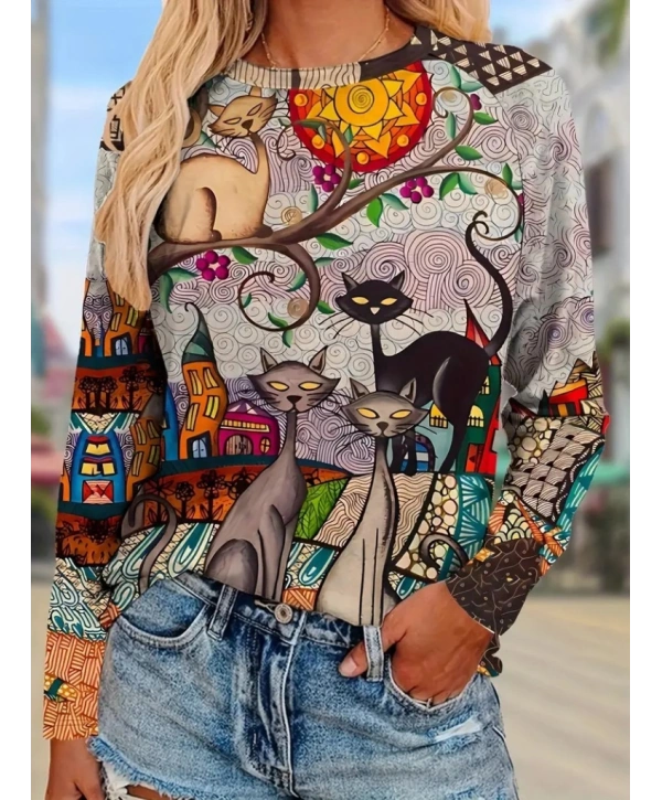 Kadın Uzun Kollu Bisiklet Yaka Kedi Baskılı Süprem Bluz
