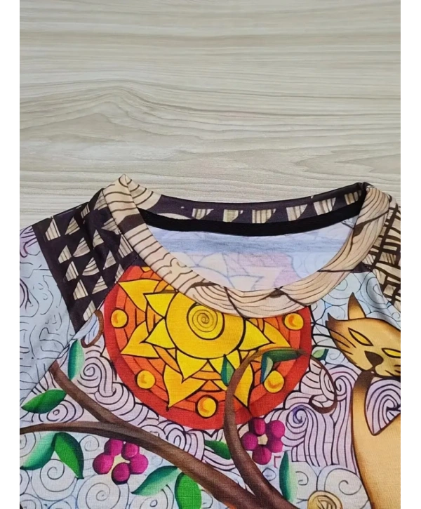 Kadın Uzun Kollu Bisiklet Yaka Kedi Baskılı Süprem Bluz