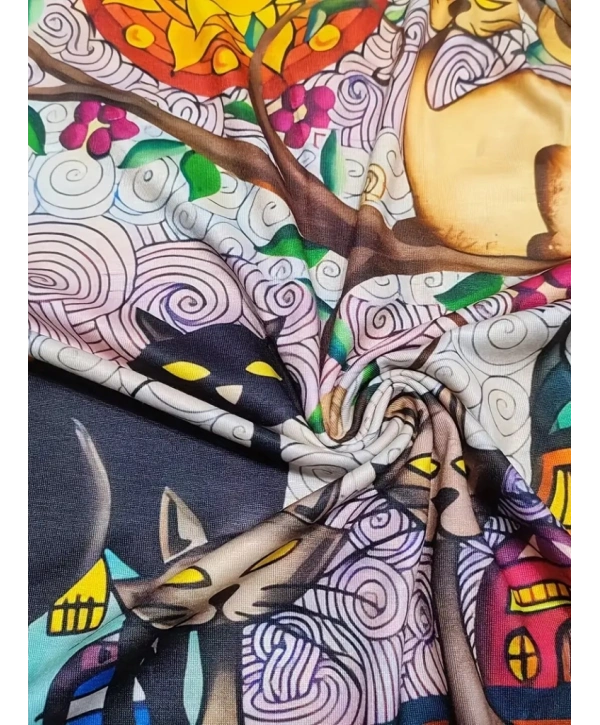 Kadın Uzun Kollu Bisiklet Yaka Kedi Baskılı Süprem Bluz