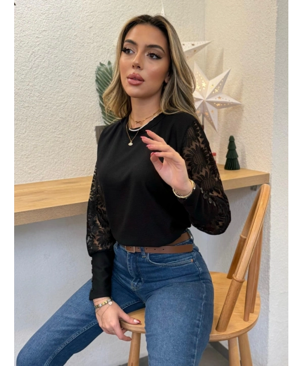 Kadın Uzun Kollu Bisiklet Yaka Kolları çiçekli Waffle Bluz