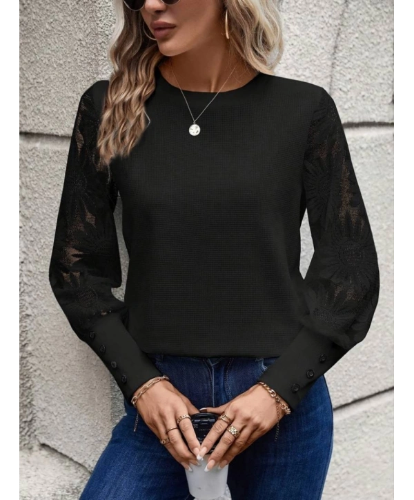 Kadın Uzun Kollu Bisiklet Yaka Kolları çiçekli Waffle Bluz