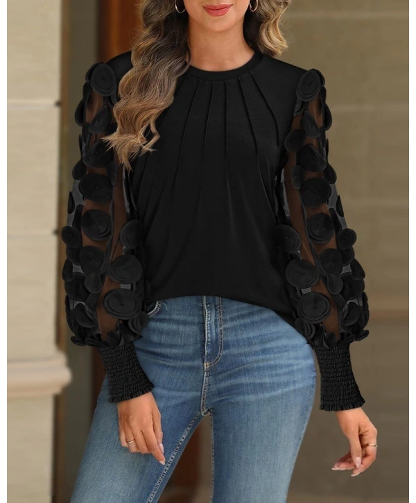 Kadın Uzun Kollu Bisiklet Yaka Kolları Tül Detaylı Nervürlü Ithal Krep Bluz