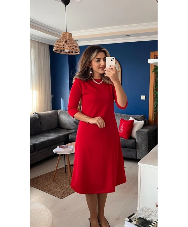 Kadın Uzun Kollu Bisiklet Yaka Midi Ithal Krep Elbise