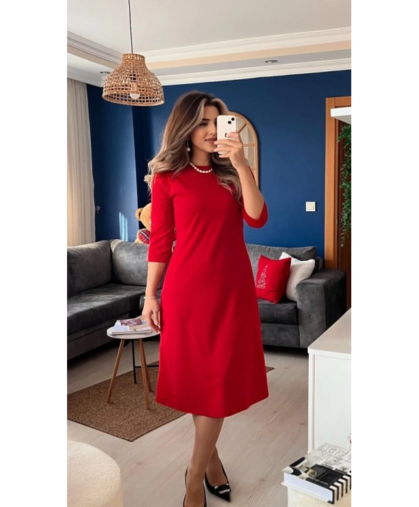 Kadın Uzun Kollu Bisiklet Yaka Midi Ithal Krep Elbise