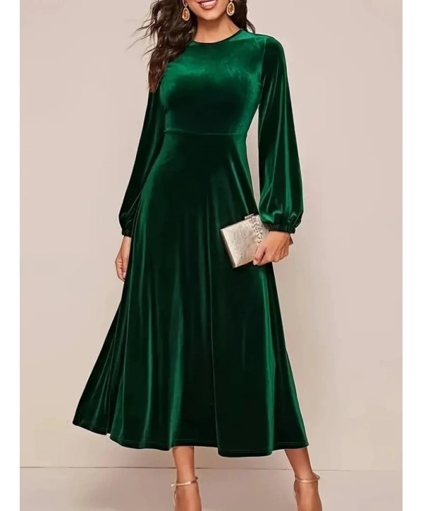Kadın Uzun Kollu Bisiklet Yaka Midi Kadife Elbise