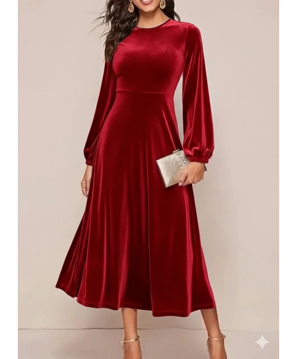Kadın Uzun Kollu Bisiklet Yaka Midi Kadife Elbise