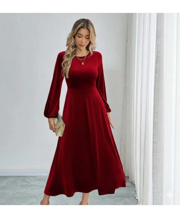 Kadın Uzun Kollu Bisiklet Yaka Midi Kadife Elbise