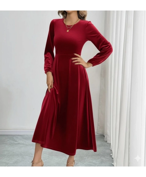 Kadın Uzun Kollu Bisiklet Yaka Midi Kadife Elbise