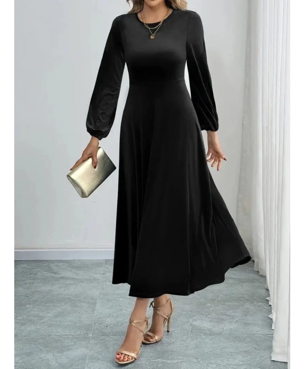 Kadın Uzun Kollu Bisiklet Yaka Midi Kadife Elbise