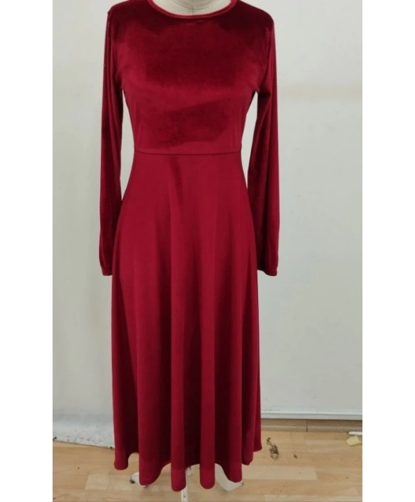 Kadın Uzun Kollu Bisiklet Yaka Midi Kadife Elbise