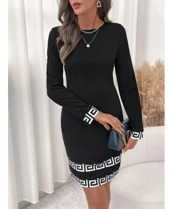 Kadın Uzun Kollu Bisiklet Yaka Mini Ithal Krep Elbise