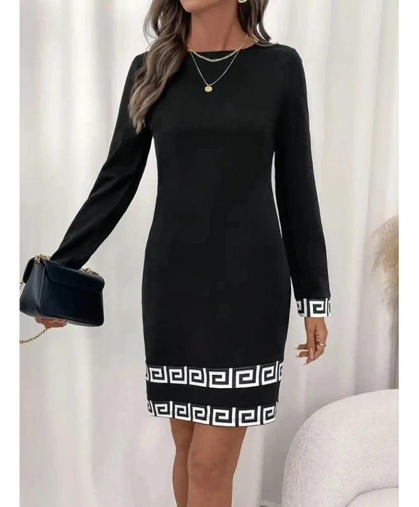 Kadın Uzun Kollu Bisiklet Yaka Mini Ithal Krep Elbise