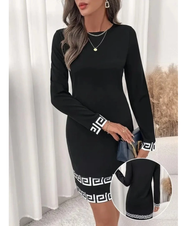 Kadın Uzun Kollu Bisiklet Yaka Mini Ithal Krep Elbise