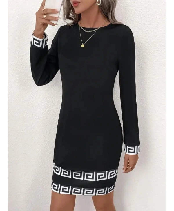 Kadın Uzun Kollu Bisiklet Yaka Mini Ithal Krep Elbise