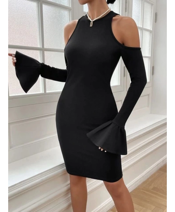 Kadın Uzun Kollu Bisiklet Yaka Omuz Açık Kol Ağzı Fırfır Detay Dalgıç Midi Boy Elbise