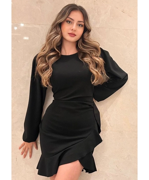 Kadın Uzun Kollu Bisiklet Yaka önden Volanlı Ithal Krep Elbise