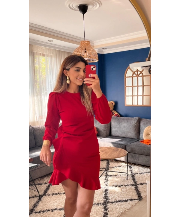 Kadın Uzun Kollu Bisiklet Yaka önden Volanlı Ithal Krep Elbise