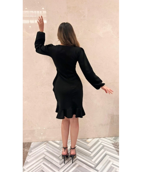 Kadın Uzun Kollu Bisiklet Yaka önden Volanlı Ithal Krep Elbise