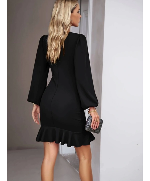 Kadın Uzun Kollu Bisiklet Yaka önden Volanlı Ithal Krep Elbise