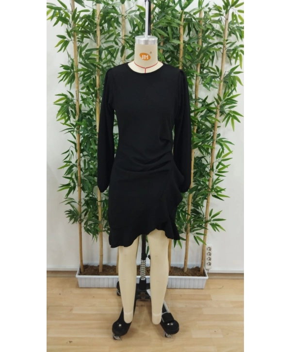 Kadın Uzun Kollu Bisiklet Yaka önden Volanlı Ithal Krep Elbise