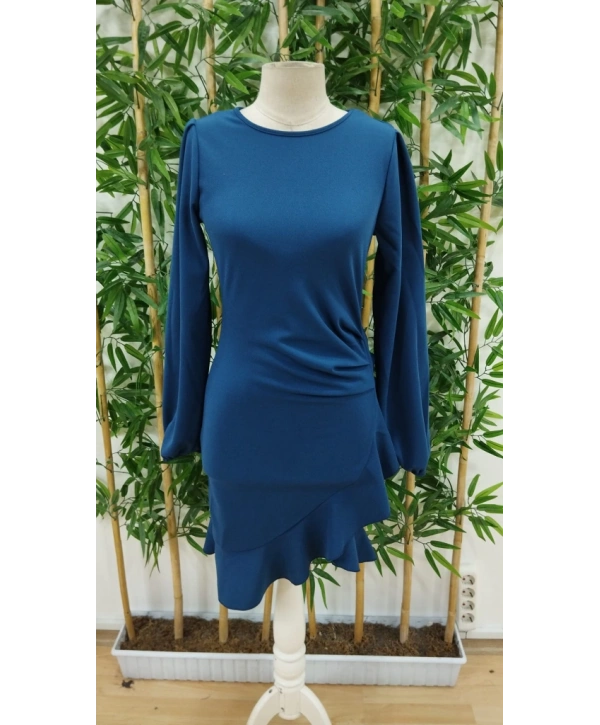 Kadın Uzun Kollu Bisiklet Yaka önden Volanlı Ithal Krep Elbise