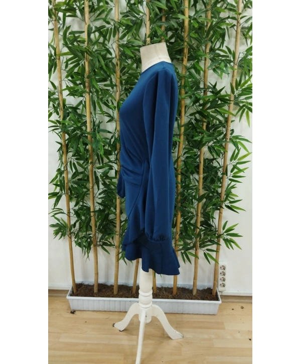 Kadın Uzun Kollu Bisiklet Yaka önden Volanlı Ithal Krep Elbise