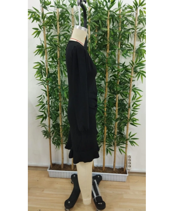 Kadın Uzun Kollu Bisiklet Yaka önden Volanlı Ithal Krep Elbise