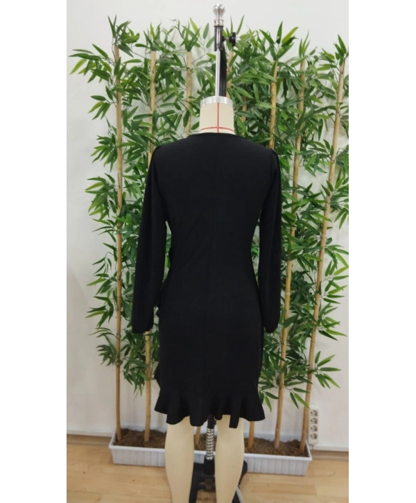 Kadın Uzun Kollu Bisiklet Yaka önden Volanlı Ithal Krep Elbise