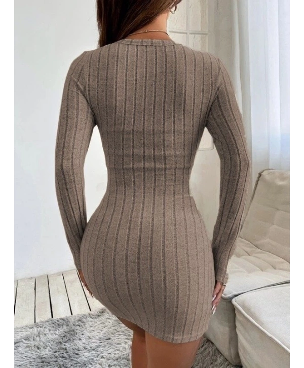 Kadın Uzun Kollu Bisiklet Yaka şardonlu Kalın Fitilli Kaşkorse Mini Boy Elbise