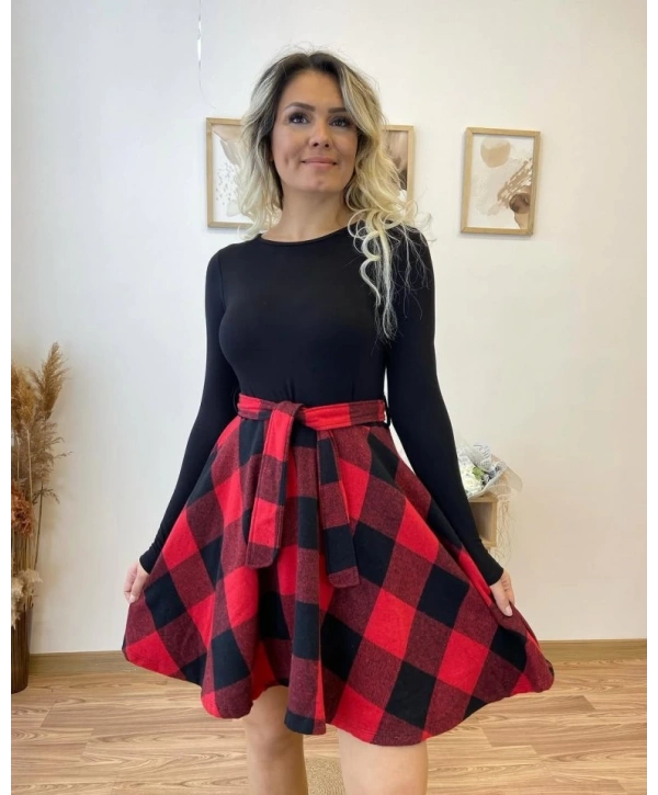 Kadın Uzun Kollu Bisiklet Yaka üst Viskon Alt Ekose Kısa Elbise