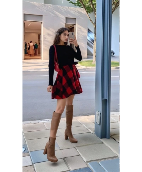 Kadın Uzun Kollu Bisiklet Yaka üst Viskon Alt Ekose Kısa Elbise