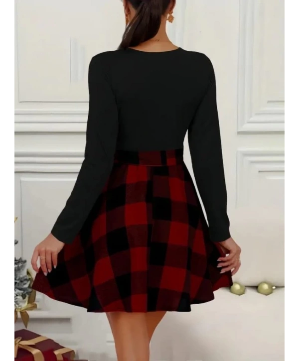 Kadın Uzun Kollu Bisiklet Yaka üst Viskon Alt Ekose Kısa Elbise