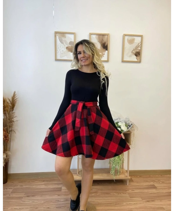 Kadın Uzun Kollu Bisiklet Yaka üst Viskon Alt Ekose Kısa Elbise