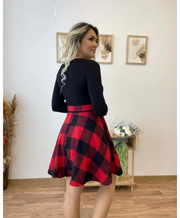 Kadın Uzun Kollu Bisiklet Yaka üst Viskon Alt Ekose Kısa Elbise