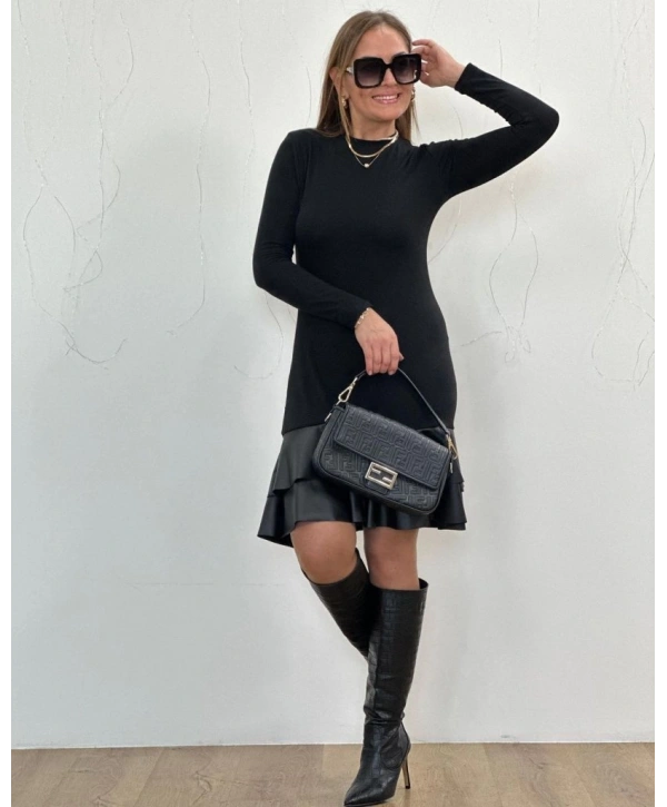 Kadın Uzun Kollu Bisiklet Yaka üst Viskon Etek Ucu Deri Kısa Elbise