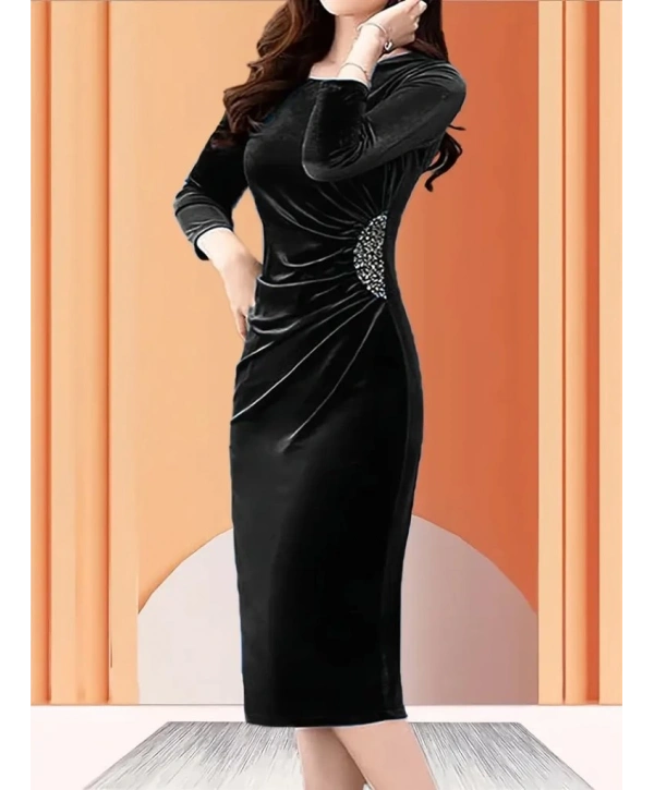 Kadın Uzun Kollu Bot Yaka Yanı Taş Detaylı Midi Kadife Elbise