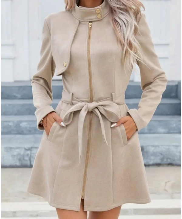 Kadın Uzun Kollu Boyundan Düğmeli Fermuarlı Beli Kuşaklı Süet Ceket