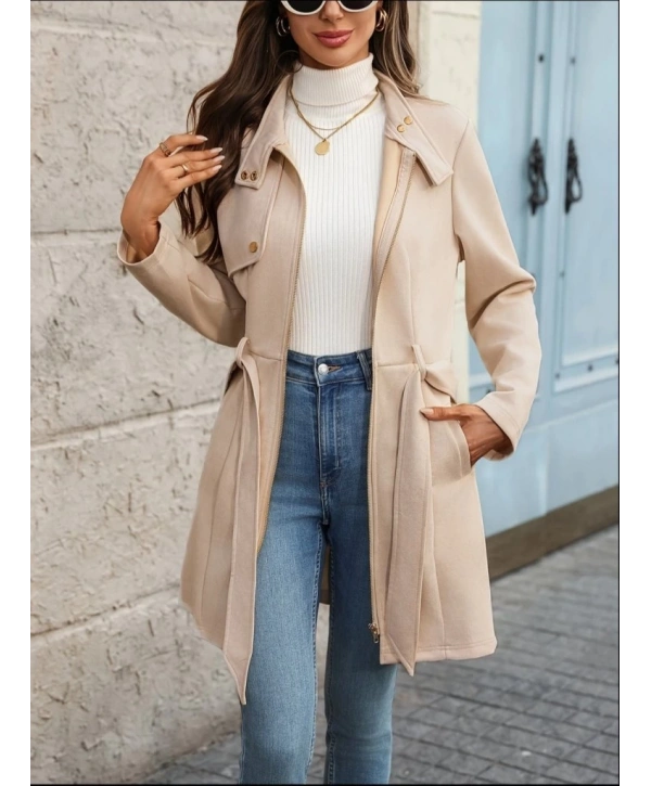 Kadın Uzun Kollu Boyundan Düğmeli Fermuarlı Beli Kuşaklı Süet Ceket