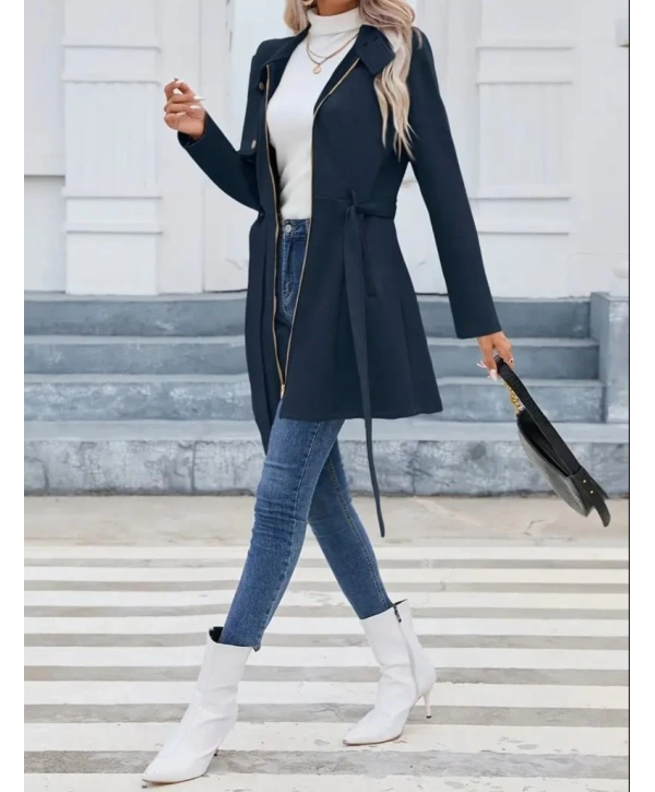 Kadın Uzun Kollu Boyundan Düğmeli Fermuarlı Beli Kuşaklı Süet Ceket