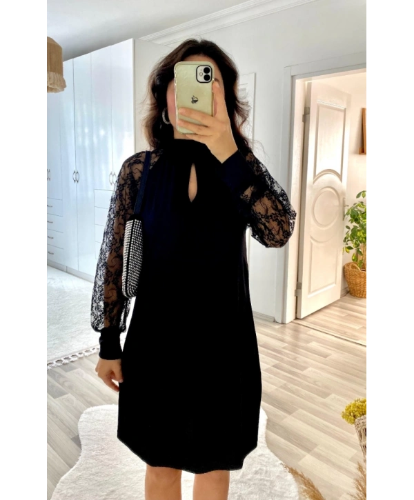 Kadın Uzun Kollu Damla Detaylı Sandy Mini Elbise