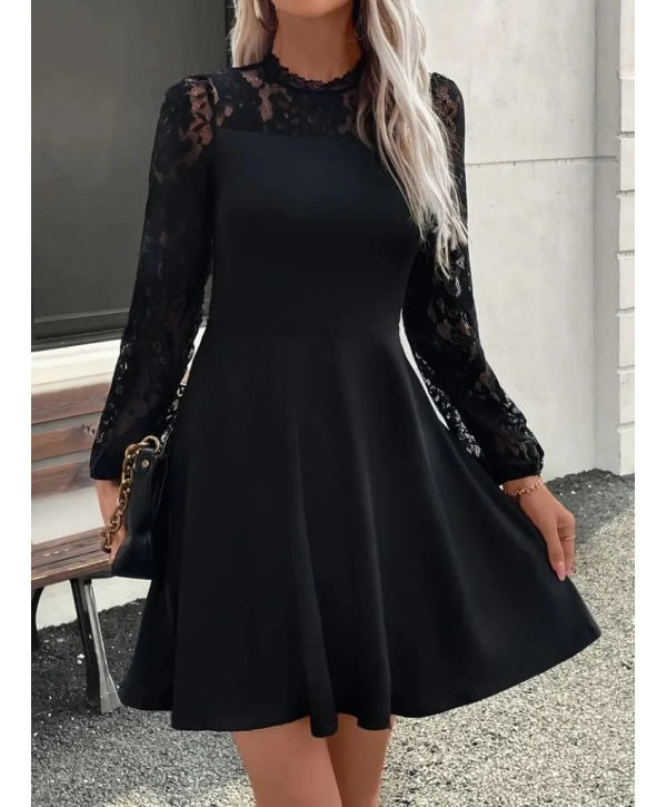 Kadın Uzun Kollu Dantelli Kloş Mini Ithal Krep Elbise