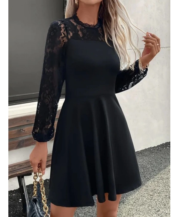 Kadın Uzun Kollu Dantelli Kloş Mini Ithal Krep Elbise